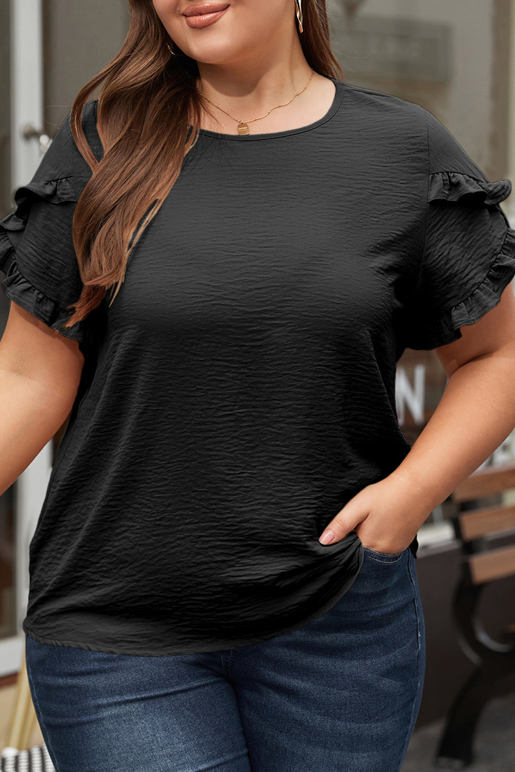 Black Ruffled Short Sleeve Plus Size Top