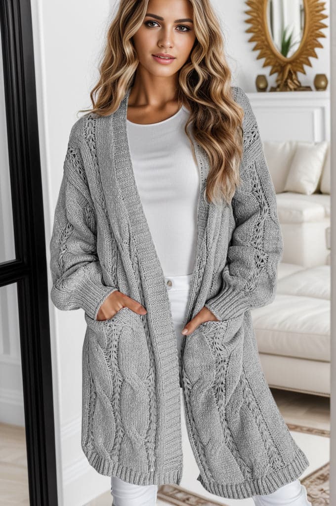 Cable-Knit Dropped Shoulder Slit Cardigan.