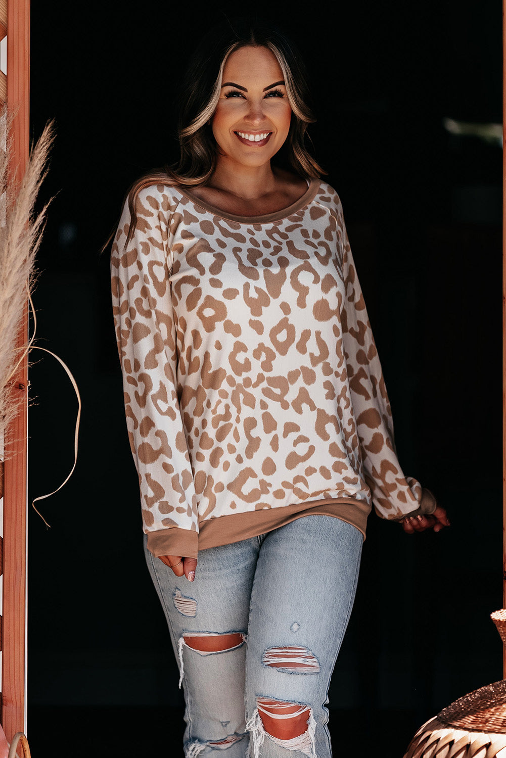 Khaki leopard print plus size boat neck long sleeve top