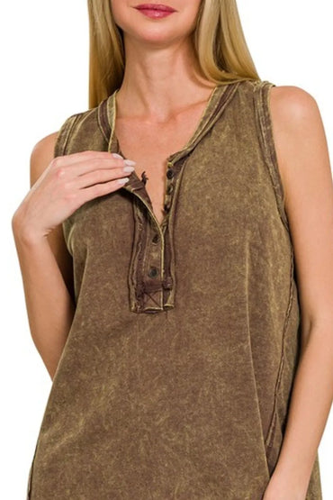 Zenana Washed Half-Button Raw Edge Sleeveless Henley Top - Love Salve 