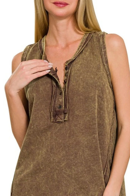Zenana Washed Half-Button Raw Edge Sleeveless Henley Top - Love Salve 