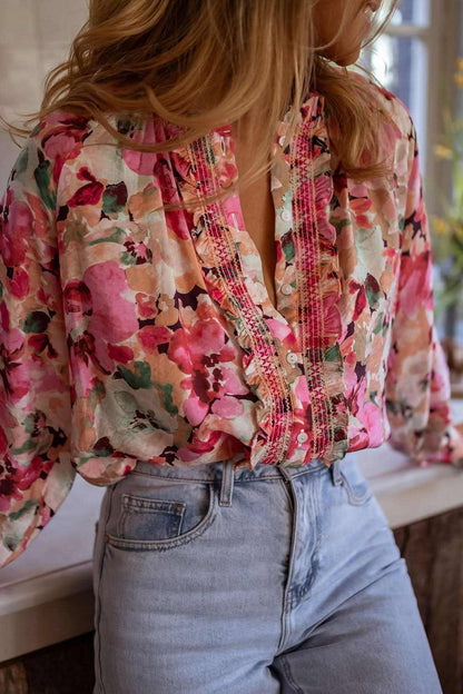 Frill floral button-down long sleeve shirt in pink and green, 100% polyester.