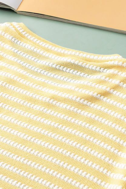 Chic yellow striped puff sleeve plus size jumper