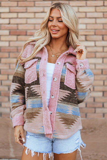 Cozy pink Aztec print sherpa coat with flap pockets