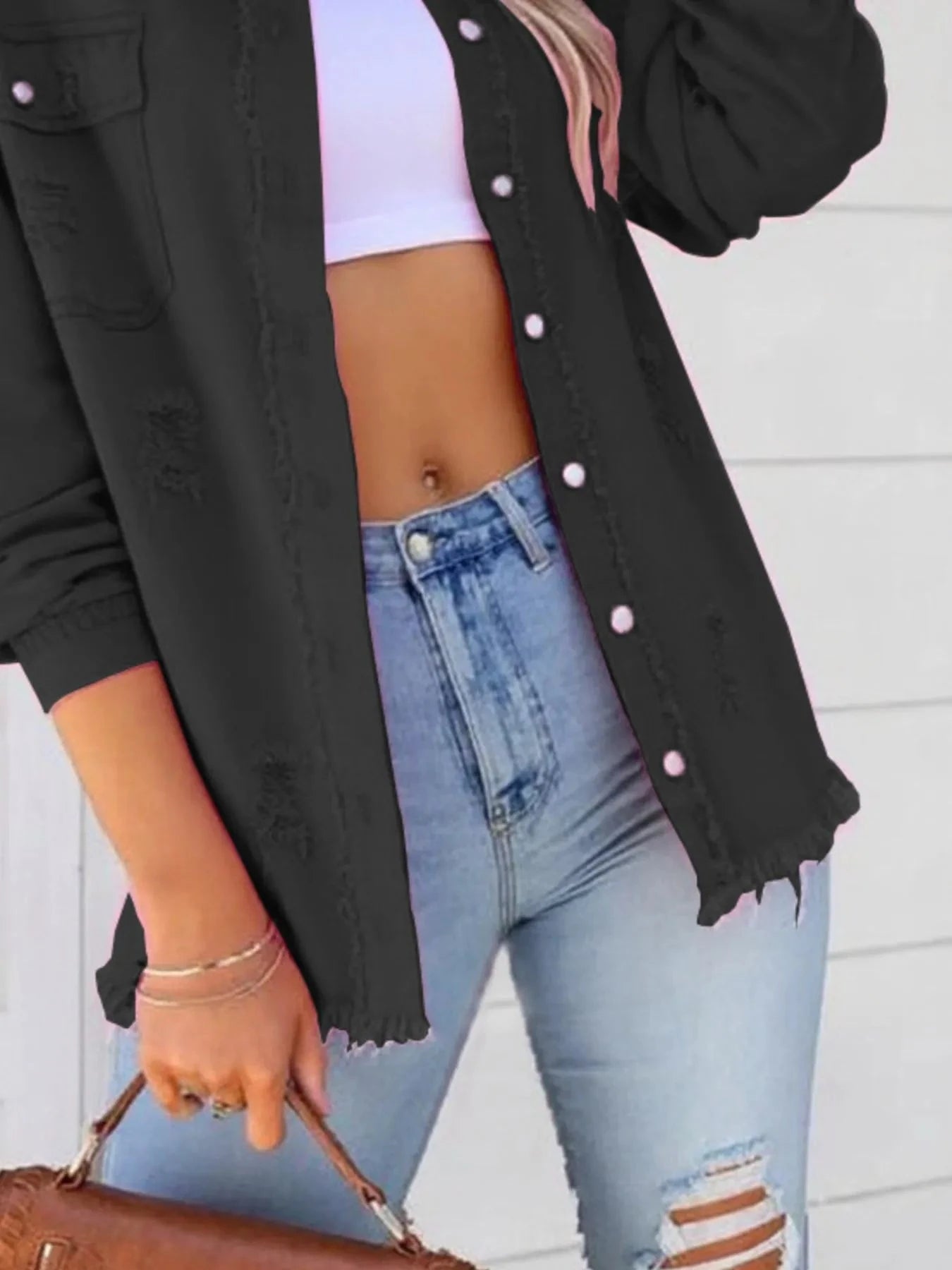 Distressed Denim Jacket with Frayed Edges Coco’s Tee Boutique