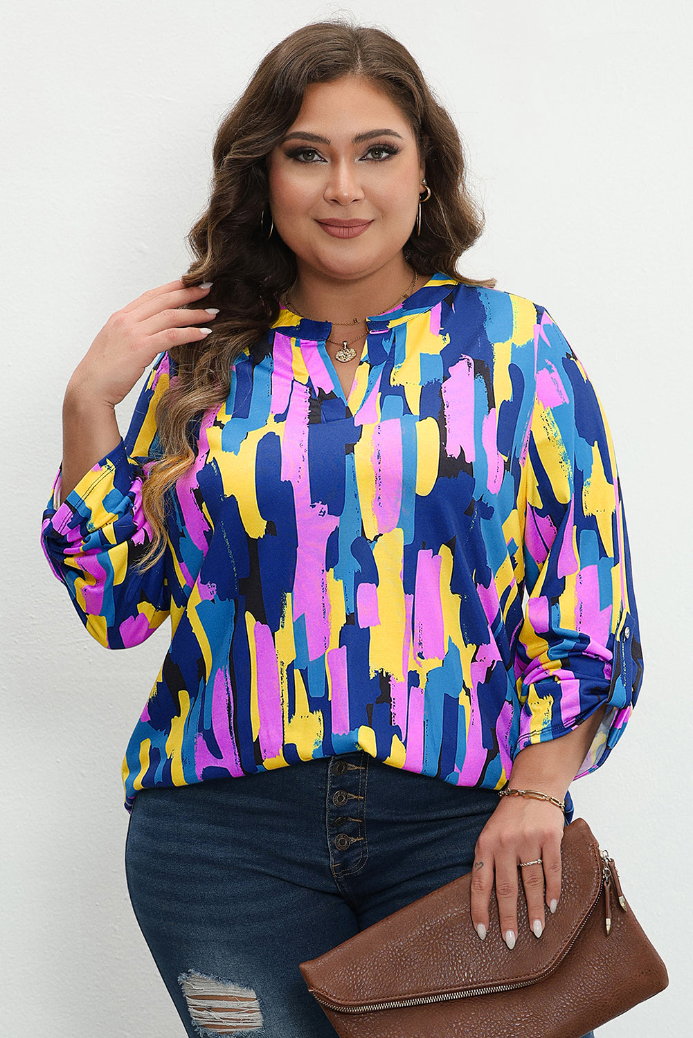 Chic blue plus size brushstroke print blouse with 3/4 sleeves