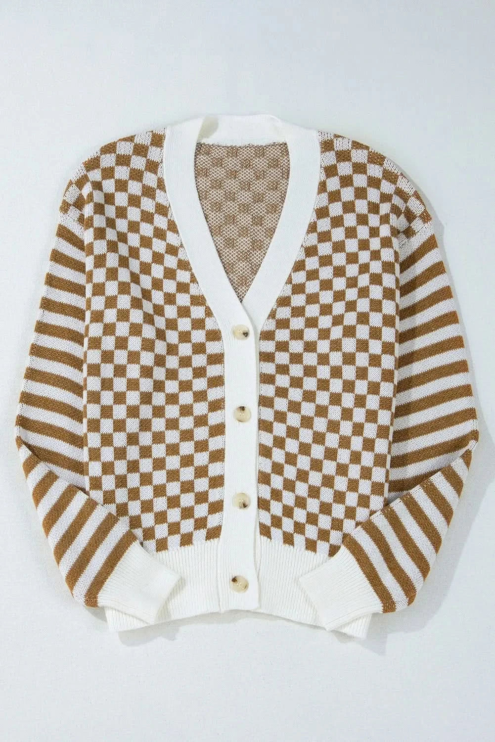 Checkered V-Neck Long Sleeve Cardigan