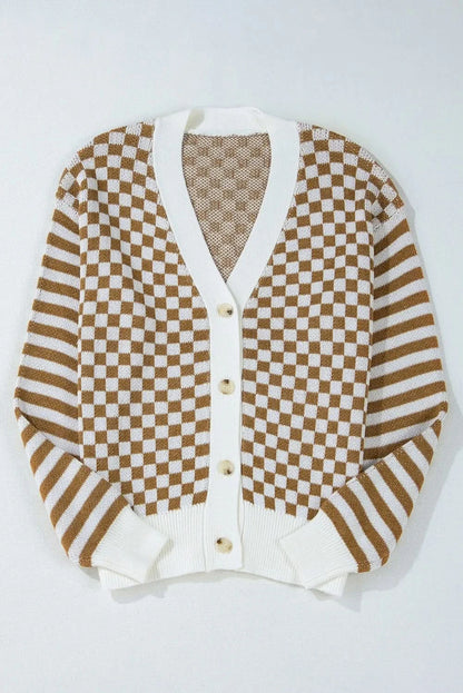 Checkered V-Neck Long Sleeve Cardigan