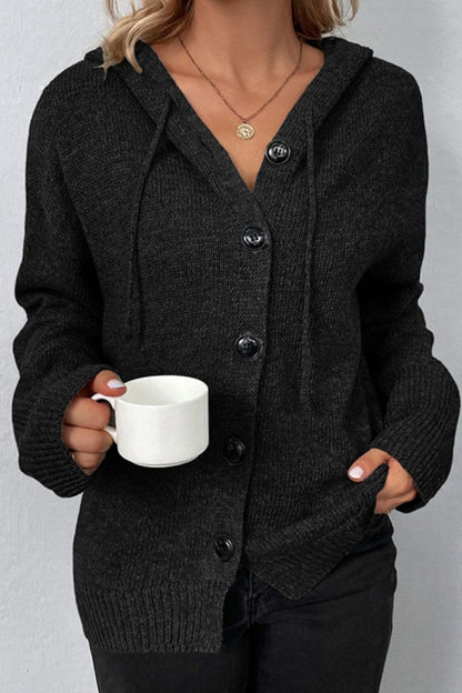 Drawstring Button Up Hooded Cardigan.