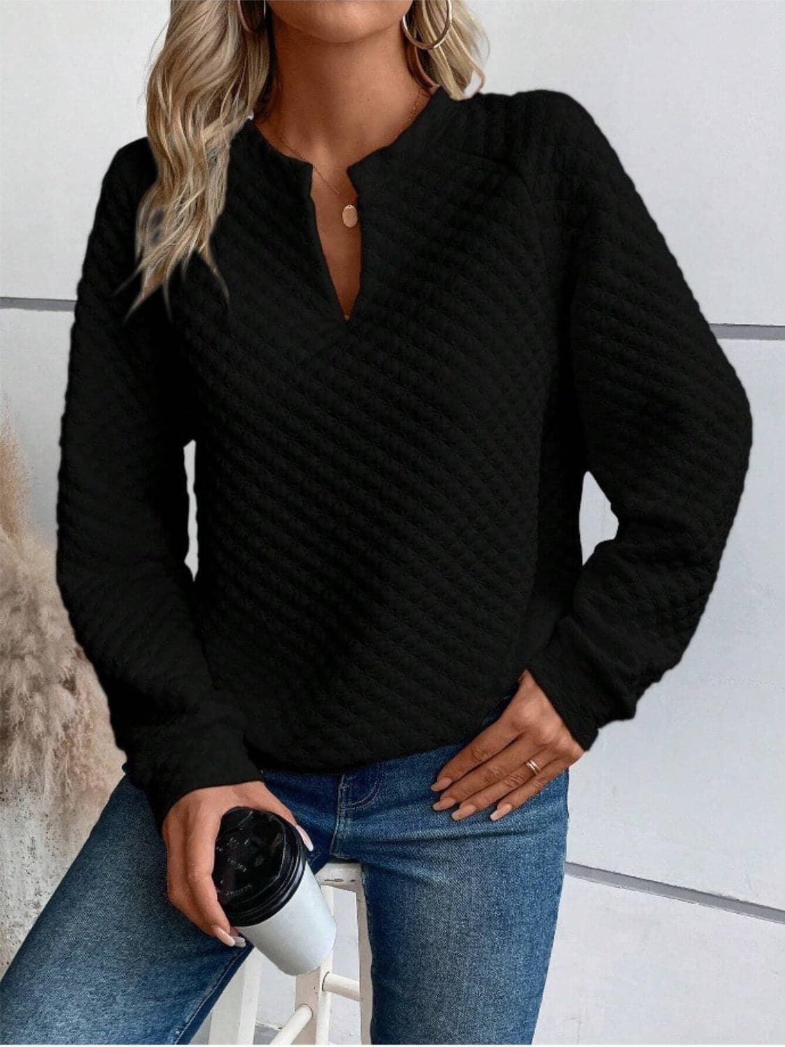 Notched Long Sleeve Sweatshirt.