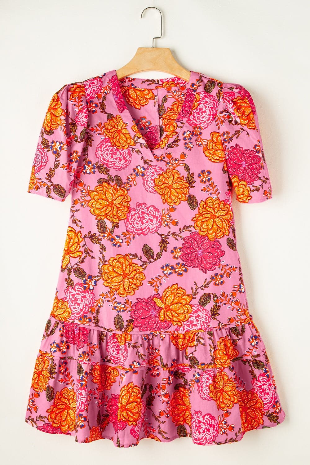 Ruffled Printed Short Sleeve Mini Dress.