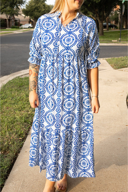 Sky blue geometric lace-up maxi dress with notch neck for plus sizes