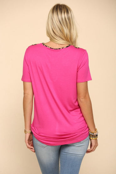 Celeste Full Size Crisscross Cutout Leopard Contrast Trim T-Shirt.