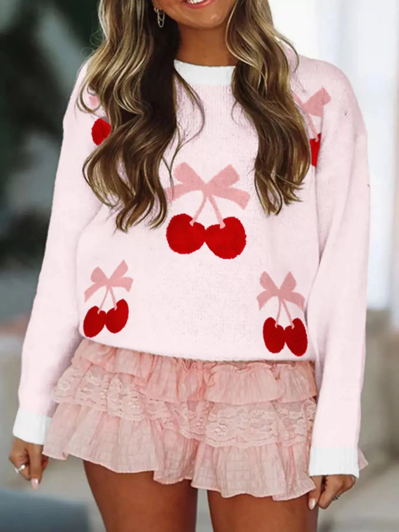 Cherry Pattern Drop Shoulder Sweater Simply Love