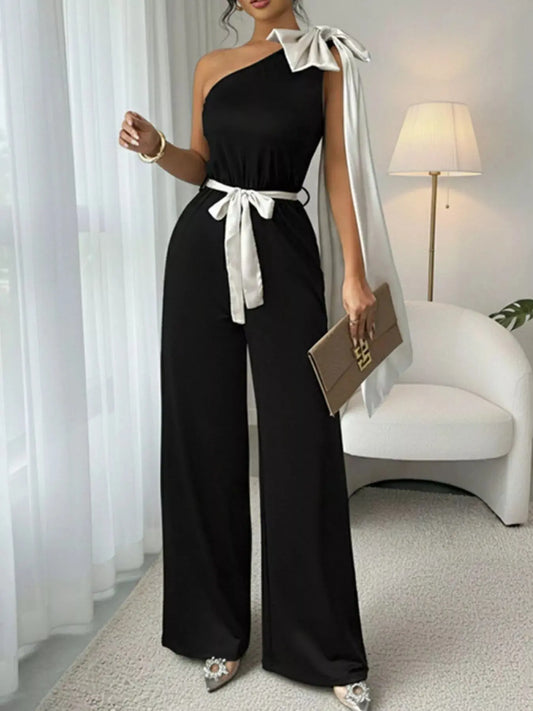 One-Shoulder Bowknot Wide Leg Jumpsuit Simply Love