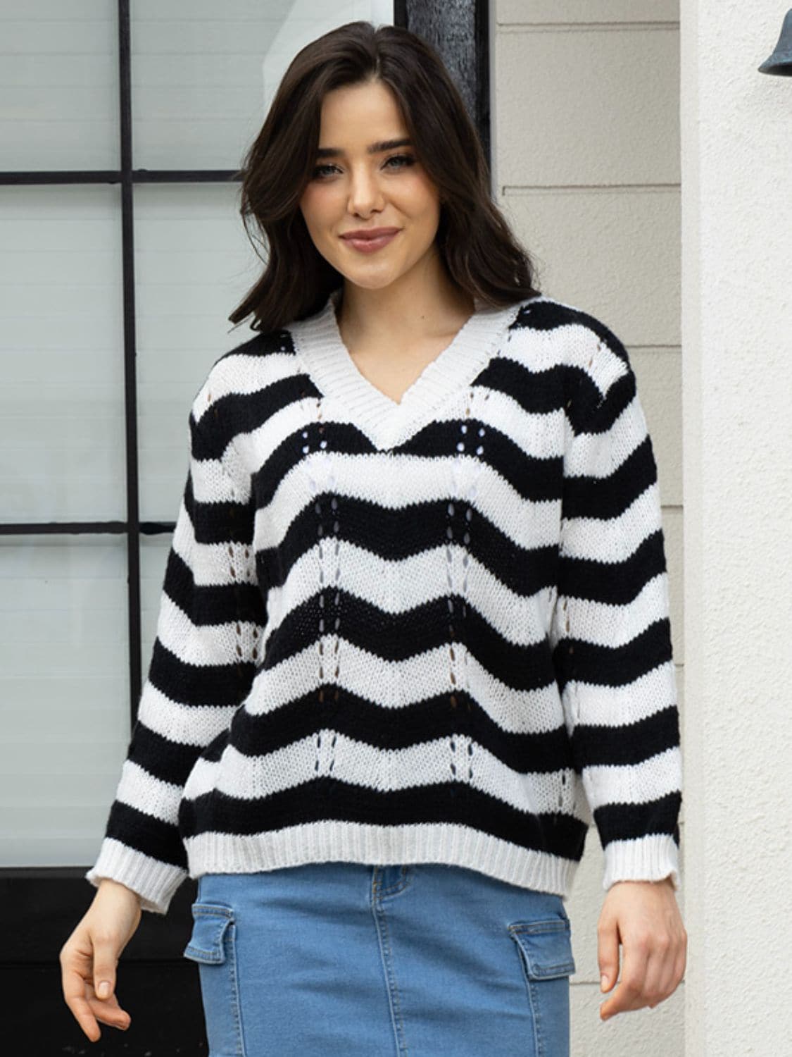 Openwork Striped V-Neck Sweater.