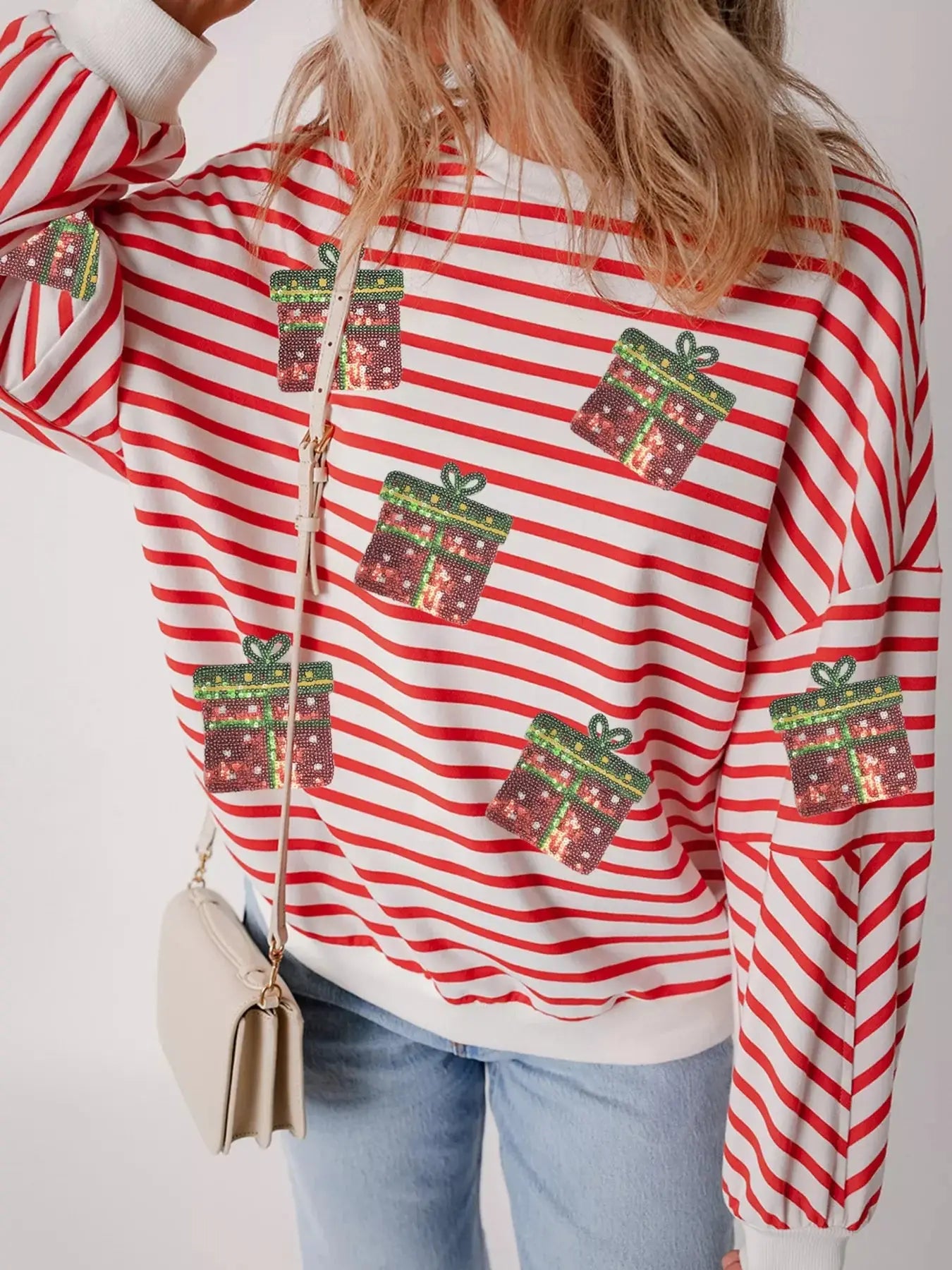 Stripe Sequin Christmas Gift Patched Drop Shoulder Sweatshirt Simply Love