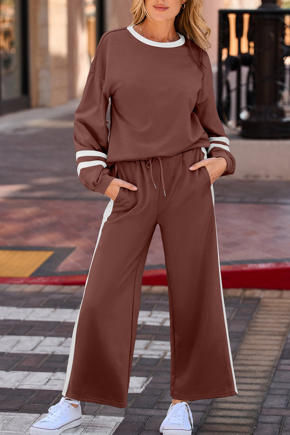 Chestnut Varsity Stripe Puff Sleeve Pullover Drawstring Wide Leg Pant Set Dear-Lover Dropshipping