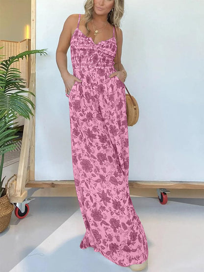 Full Size Printed Spaghetti Strap Wide Leg Jumpsuit.