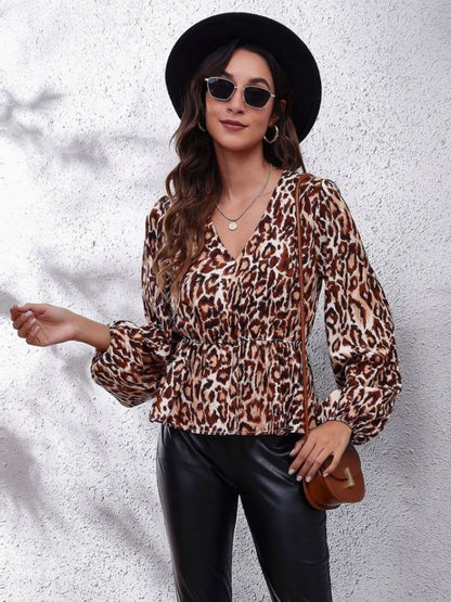 Ruched Printed V-Neck Long Sleeve Blouse.