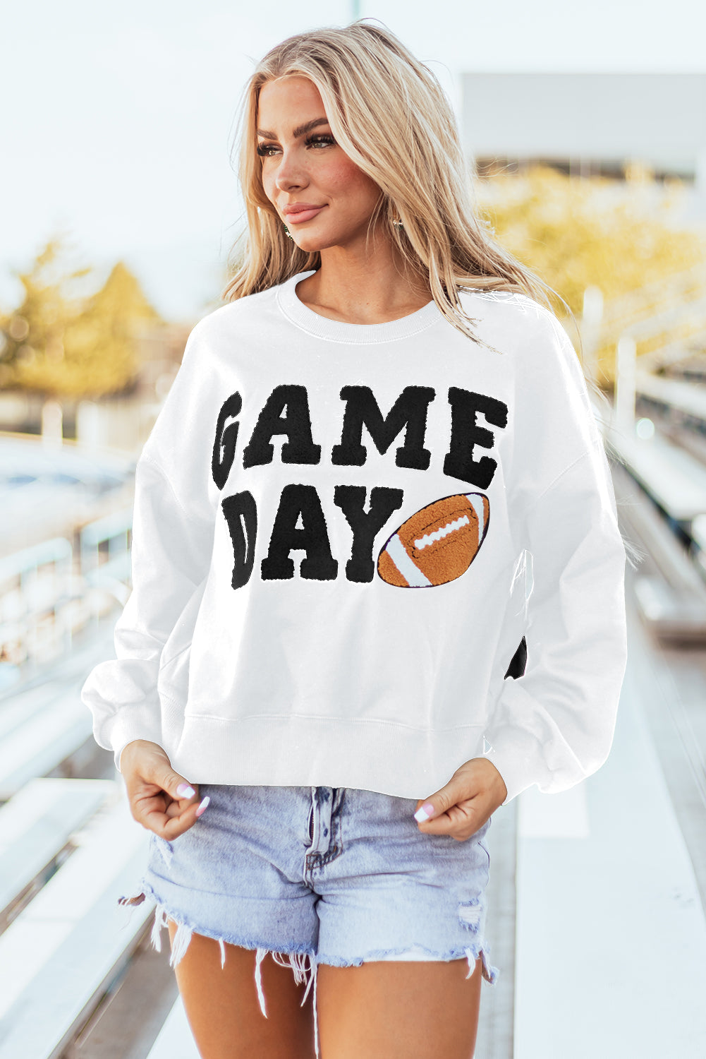 Stylish white varsity pullover sweatshirt for game day enthusiasts