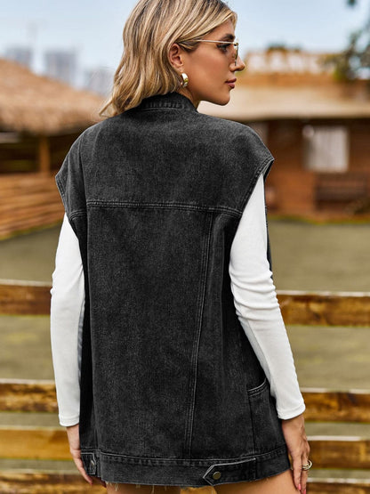 Button Up Collared Neck Sleeveless Denim Jacket.