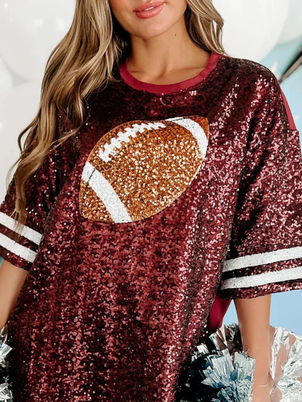 Sequin Football Round Neck Half Sleeve Oversize Top Coco’s Tee Boutique