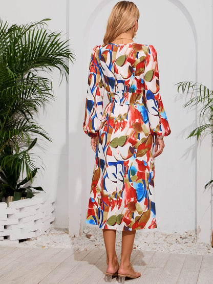 Printed Surplice Long Sleeve Midi Dress.