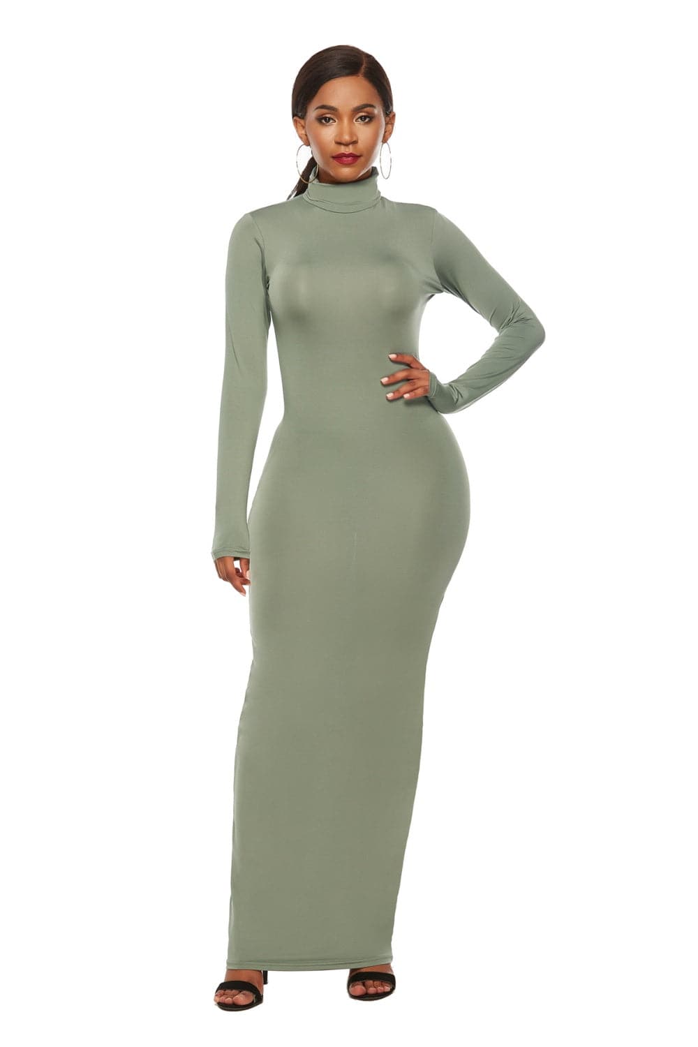 Mock Neck Long Sleeve Maxi Slim Dress.