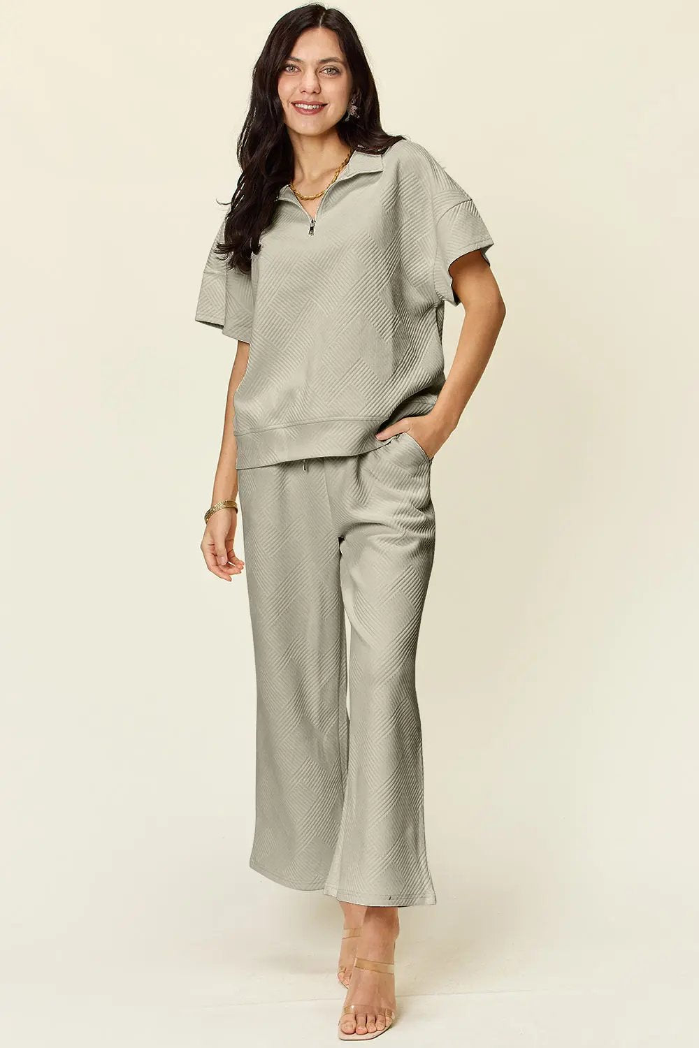 Double Take Full Size Texture Half Zip Short Sleeve Top and Pants Set - Love Salve