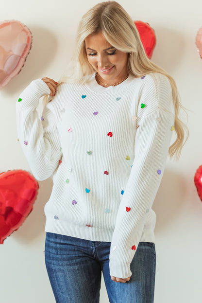 Beige Heart Sequin Waffle Knit Sweater with Round Neck