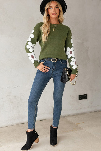 Flower Round Neck Long Sleeve Sweater.