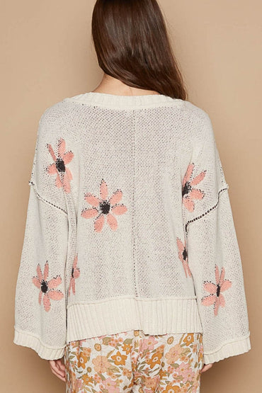 Chic V-neck floral chenille sweater for effortless style