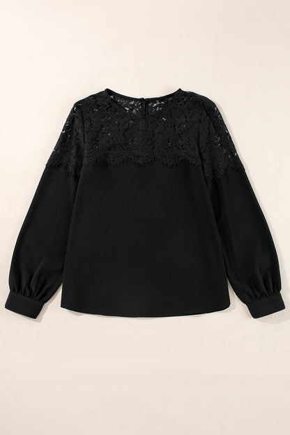 Elegant black lace crochet long sleeve top with O neck design