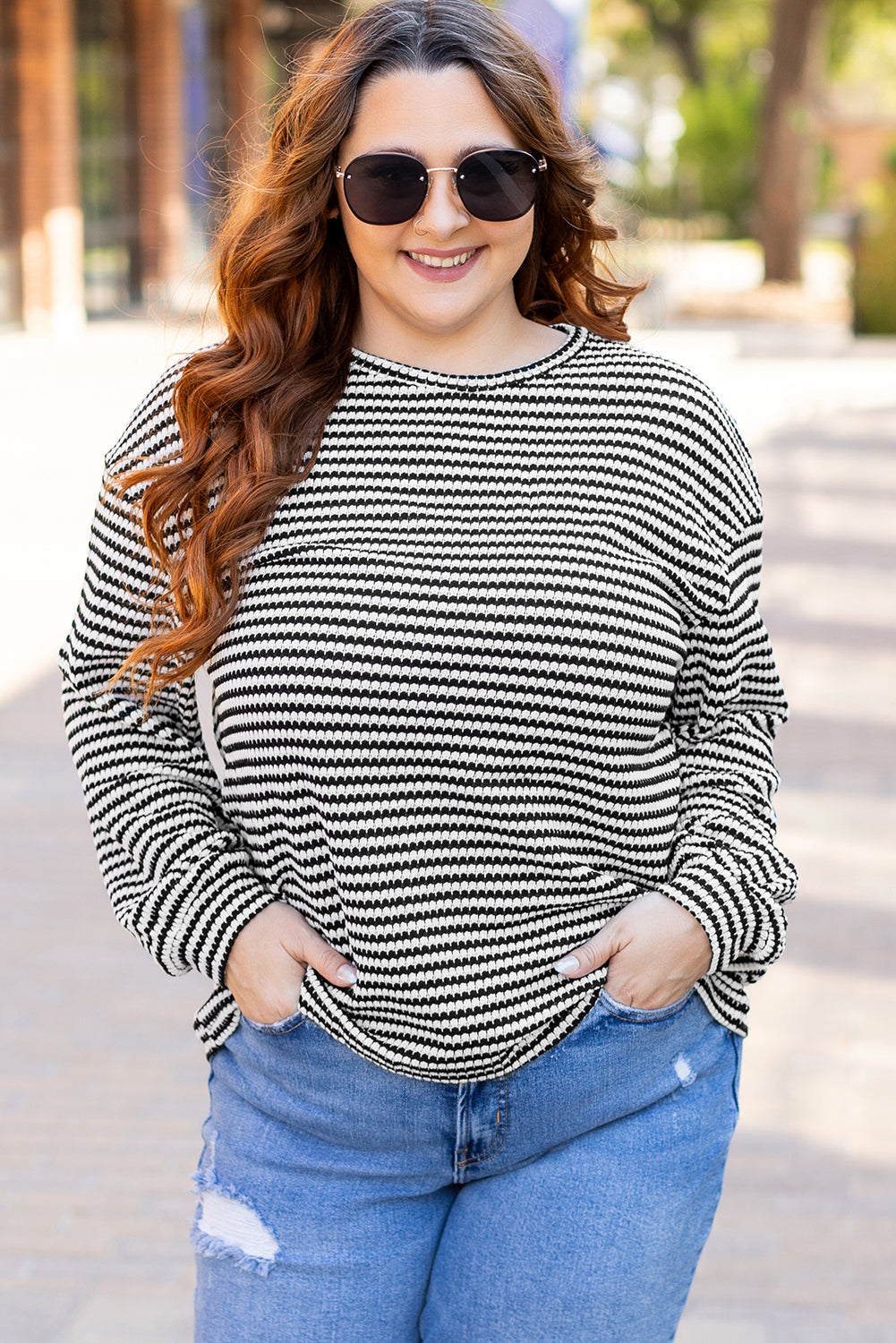 Chic plus size black striped tee