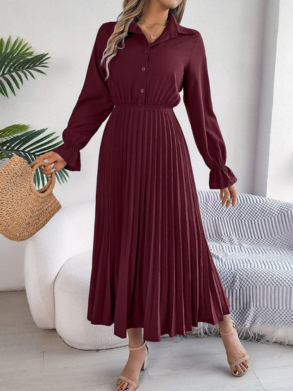 Pleated Half Button Long Sleeve Midi Dress.