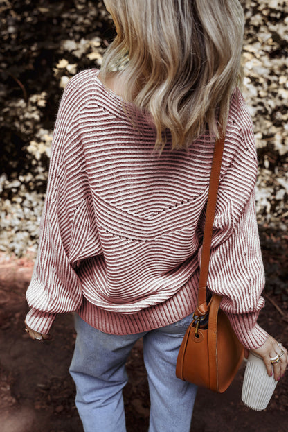 Premium Red Dahlia Striped Print Knit Boat Neck Baggy Sweater