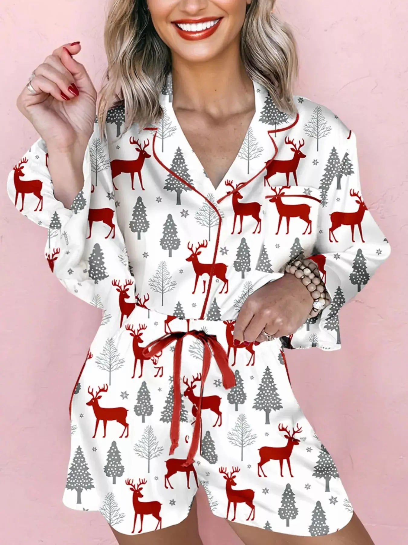 Christmas Fashion Print Velvet Trim Top and Shorts Pajama 2pcs Set Simply Love