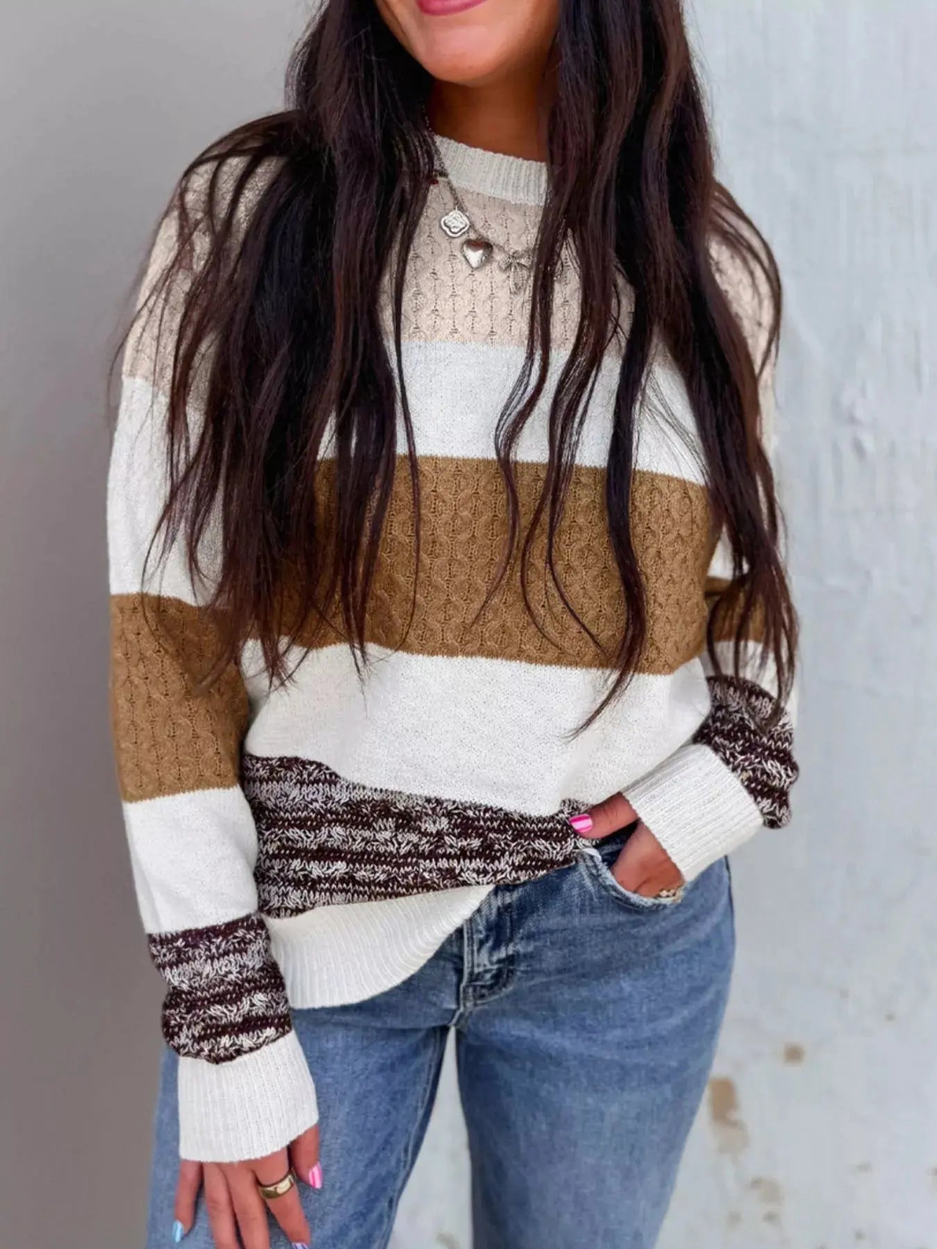 Mixed Texture Knit Striped Color Block Loose Sweater Simply Love