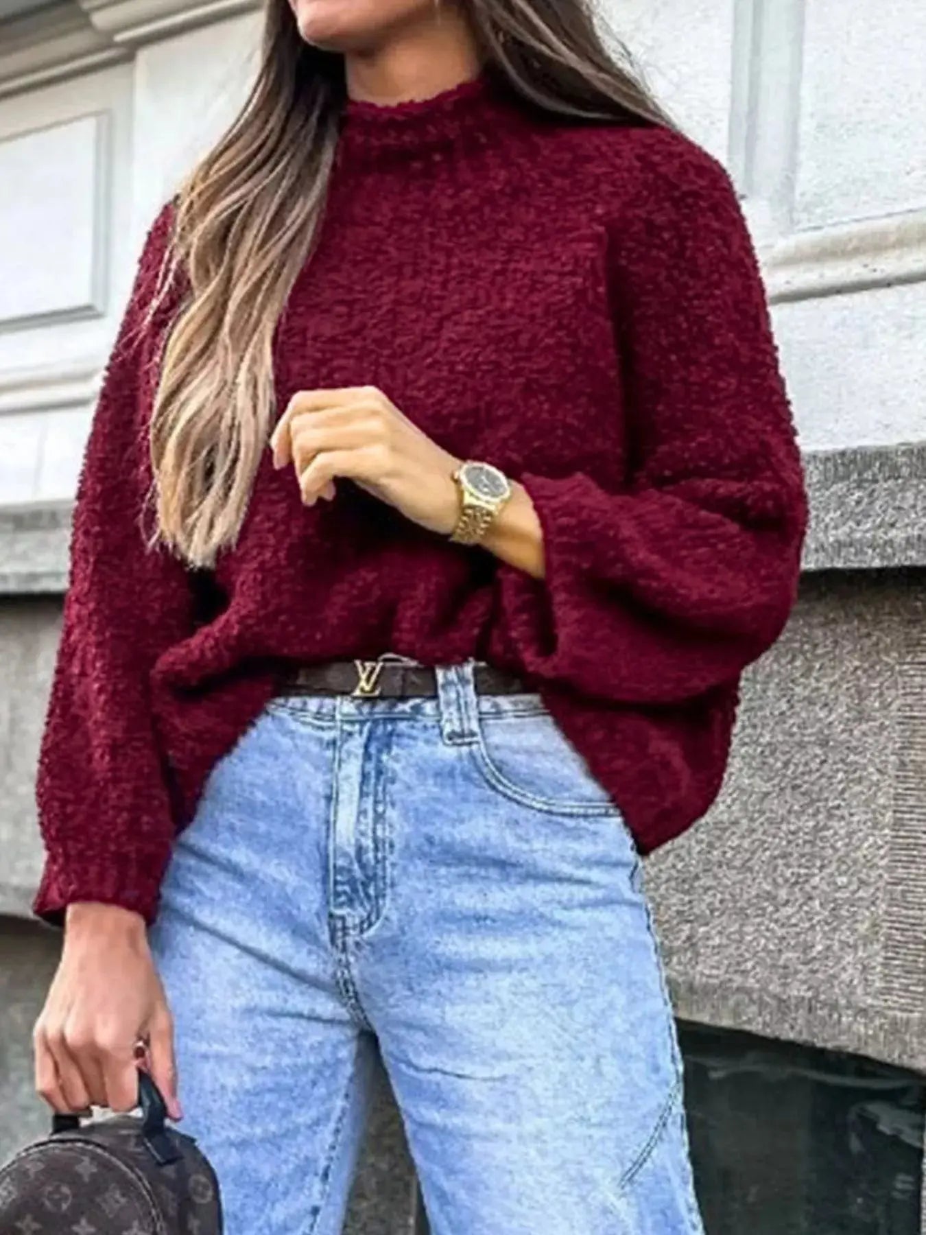 Textured Knit Mock Neck Sweater Relaxed Fit Burgundy Made Recycled Polyester Simply Love
