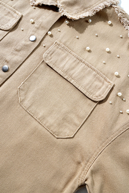 Khaki Pearl Beaded Raw Hem Button Up Denim Jacket