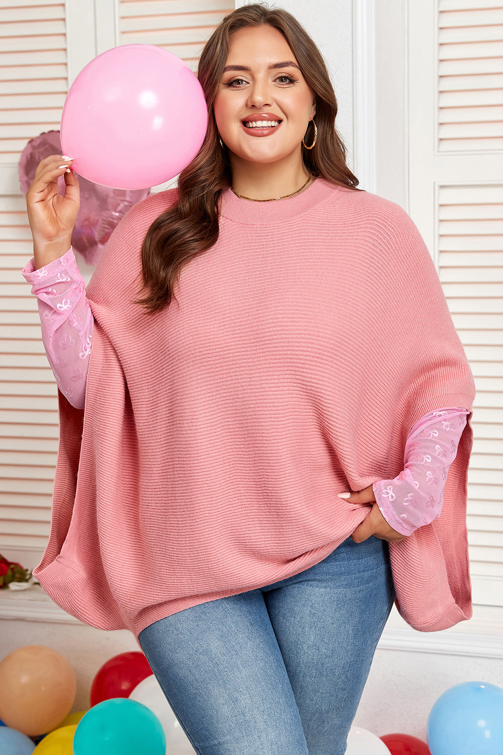 Light Pink Ribbed Knit Poncho Style Sweater Plus Size Dear-Lover Dropshipping
