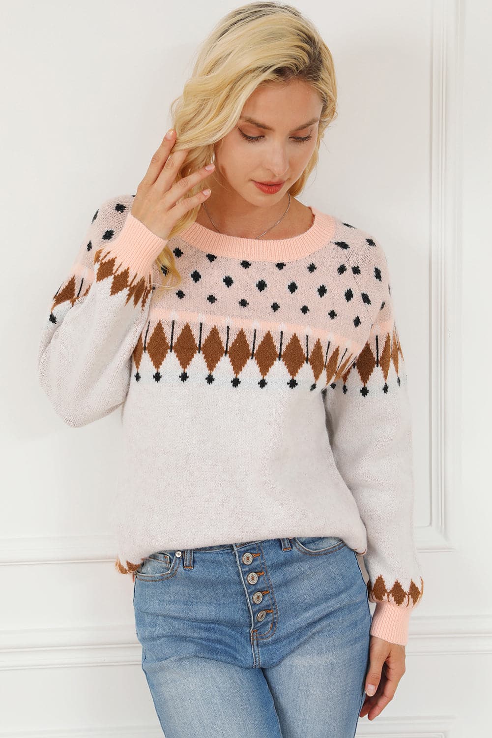 Geometric Round Neck Long Sleeve Sweater.