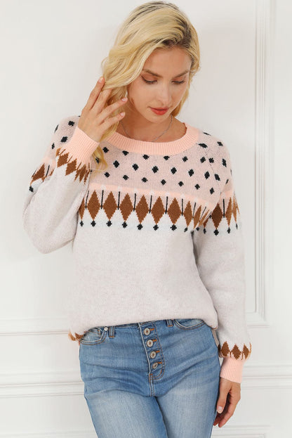 Geometric Round Neck Long Sleeve Sweater.