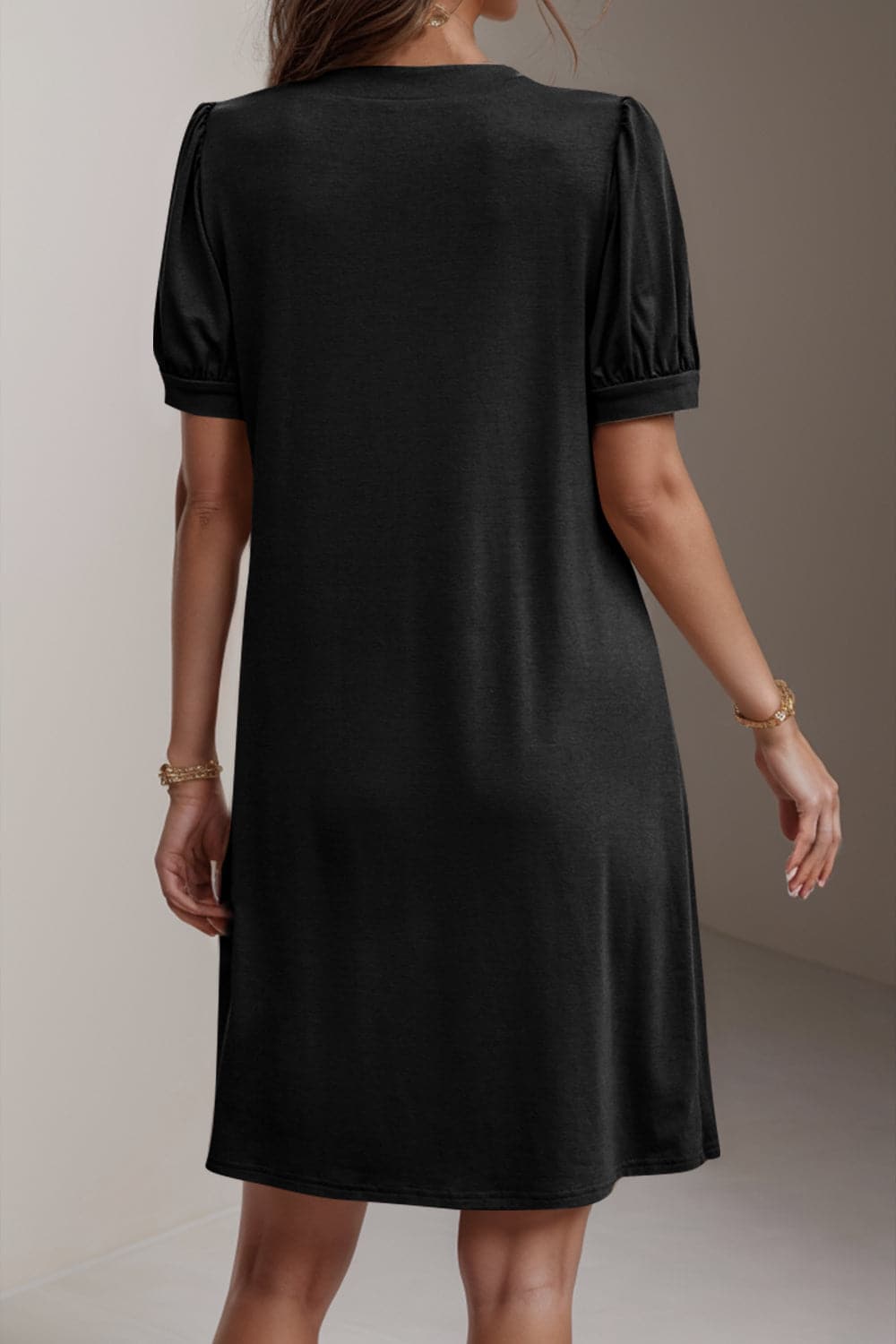 Pin-Tuck Notched Short Sleeve Dress.