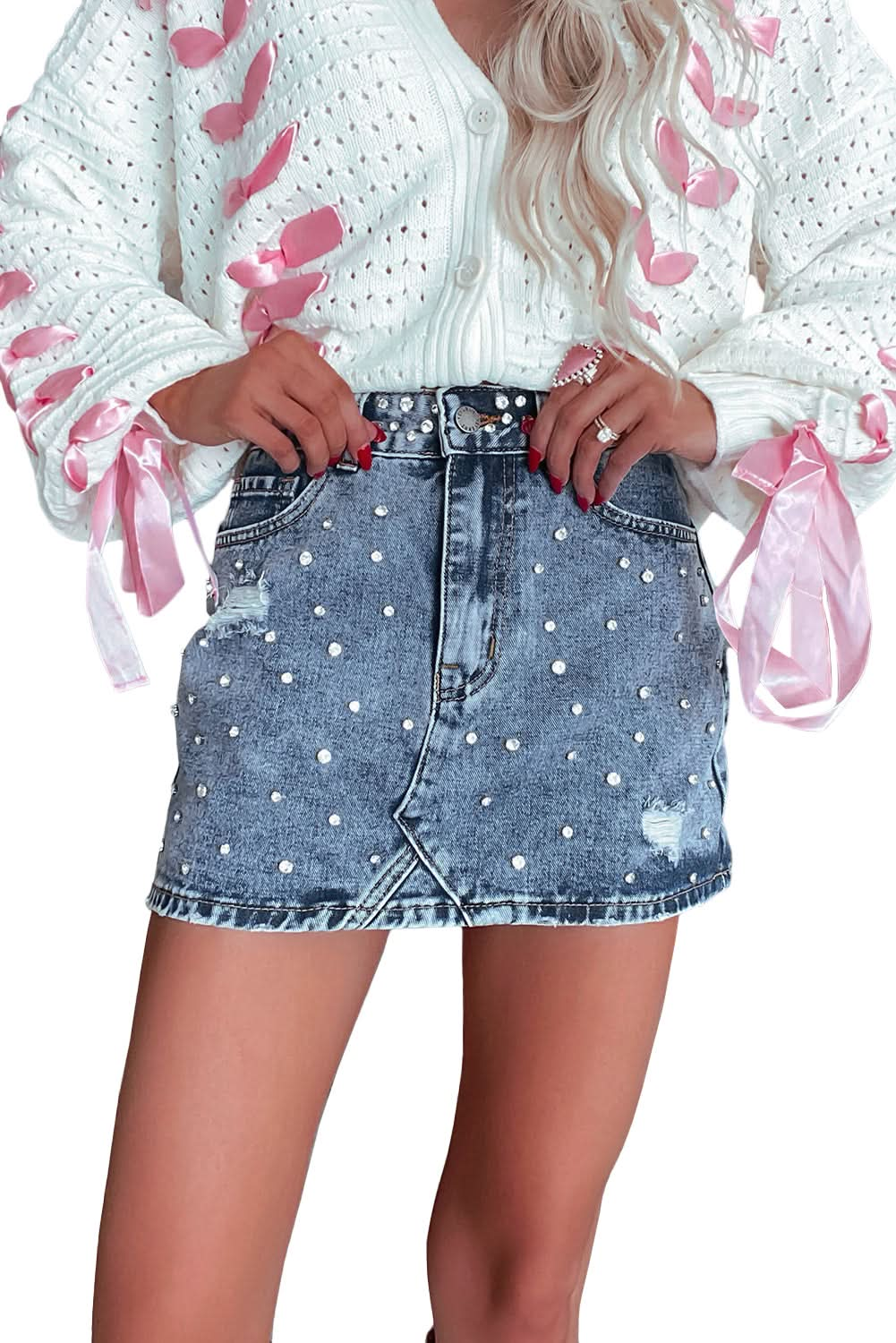 Dusk Blue Distressed Denim Mini Skirt with Rhinestone Accents