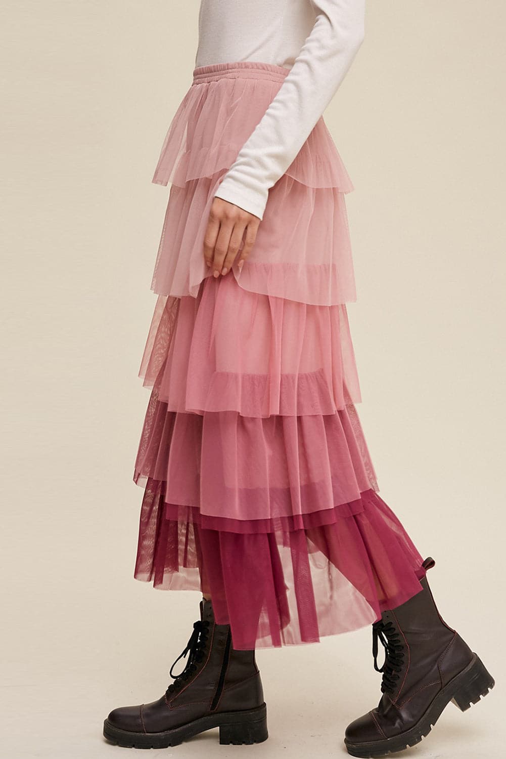 Elastic Waist Layered Tulle Midi Skirt.