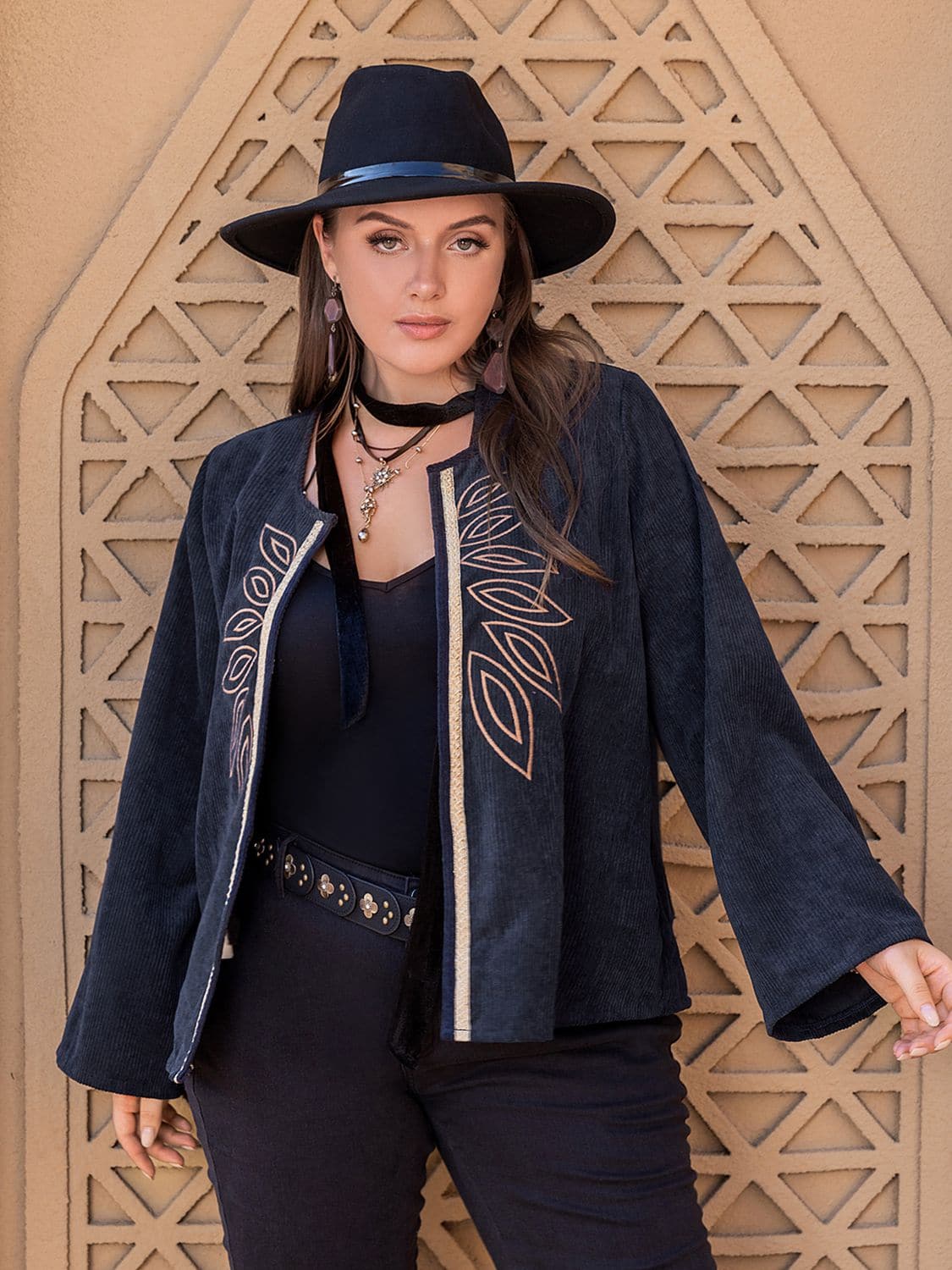 Plus Size Embroidered Open Front Jacket.