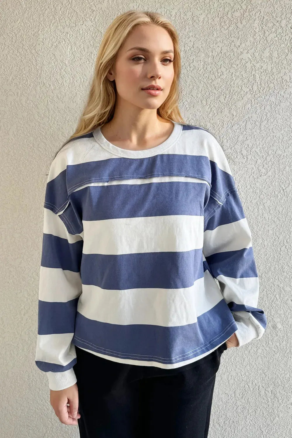 Oh Pima Cotton Wash Exposed Seam Contrast Striped Round Neck Long Sleeve T-Shirt - Love Salve