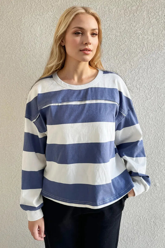 Oh Pima Cotton Wash Exposed Seam Contrast Striped Round Neck Long Sleeve T-Shirt - Love Salve